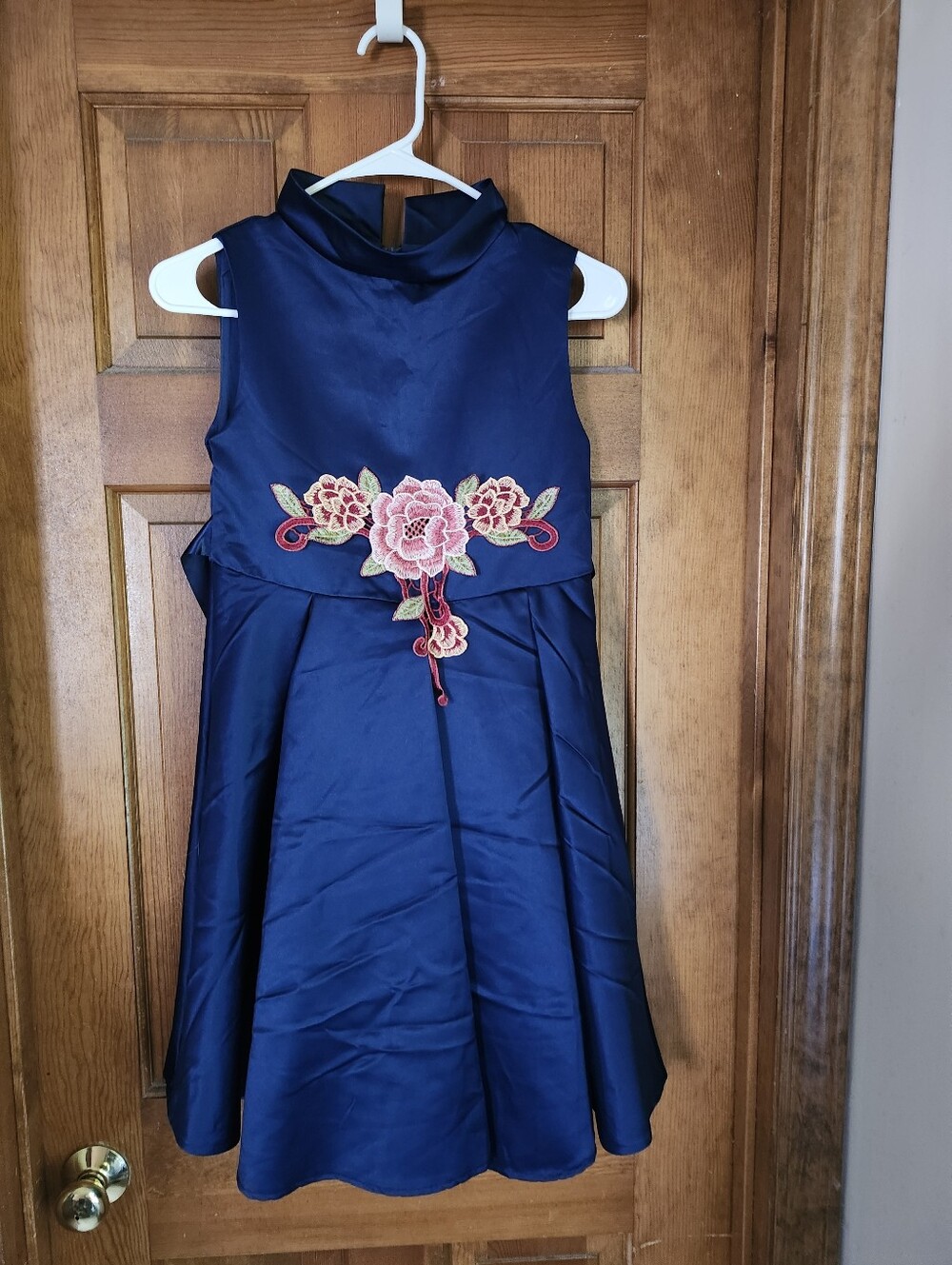 Girls Navy Floral Applique Satin Dress